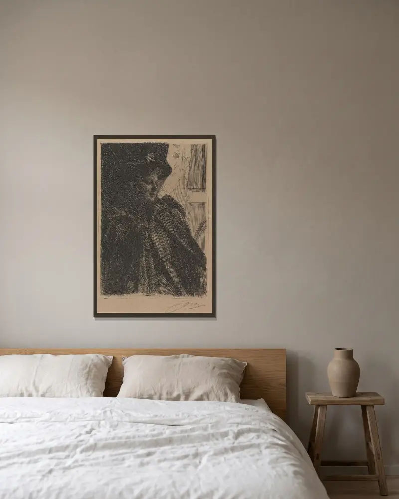 Mme. Olga Bratt av Anders Zorn inramad på en vägg