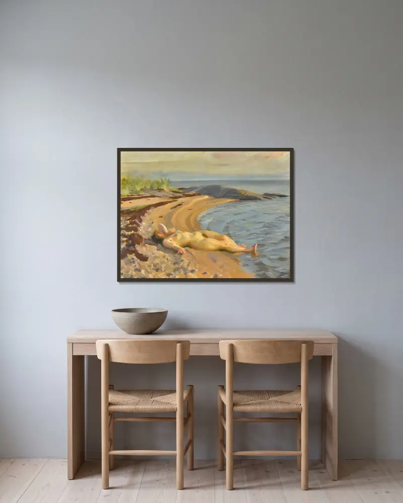 På stranden av Anders Zorn inramad på en vägg