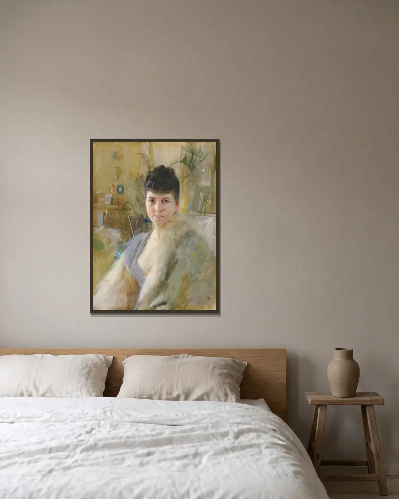 Porträtt av en dam i en salong av Anders Zorn inramad på en vägg