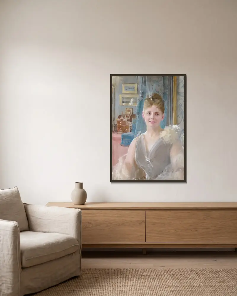 Porträt von Edith Palgrave Edward in ihrer Londoner Wohnung von Anders Zorn gerahmt an einer Wand