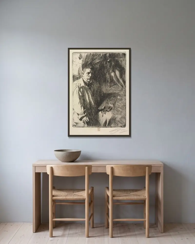 Porträtt av konstnären och hans modell av Anders Zorn inramad på en vägg