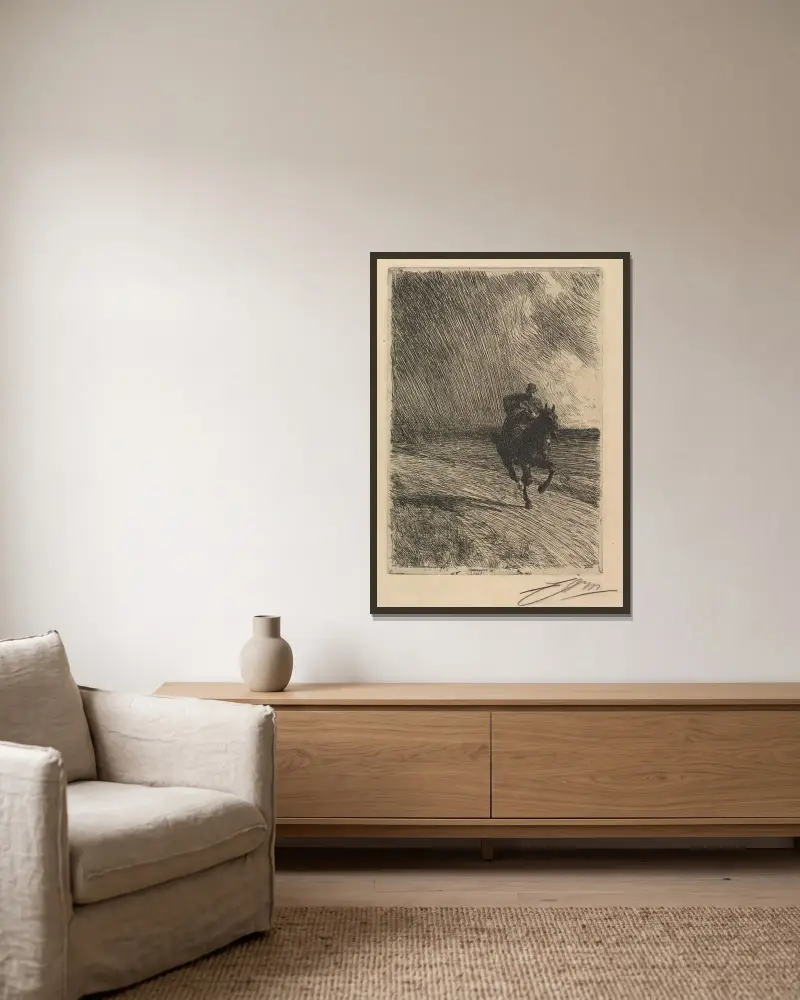 Storm av Anders Zorn inramad på en vägg