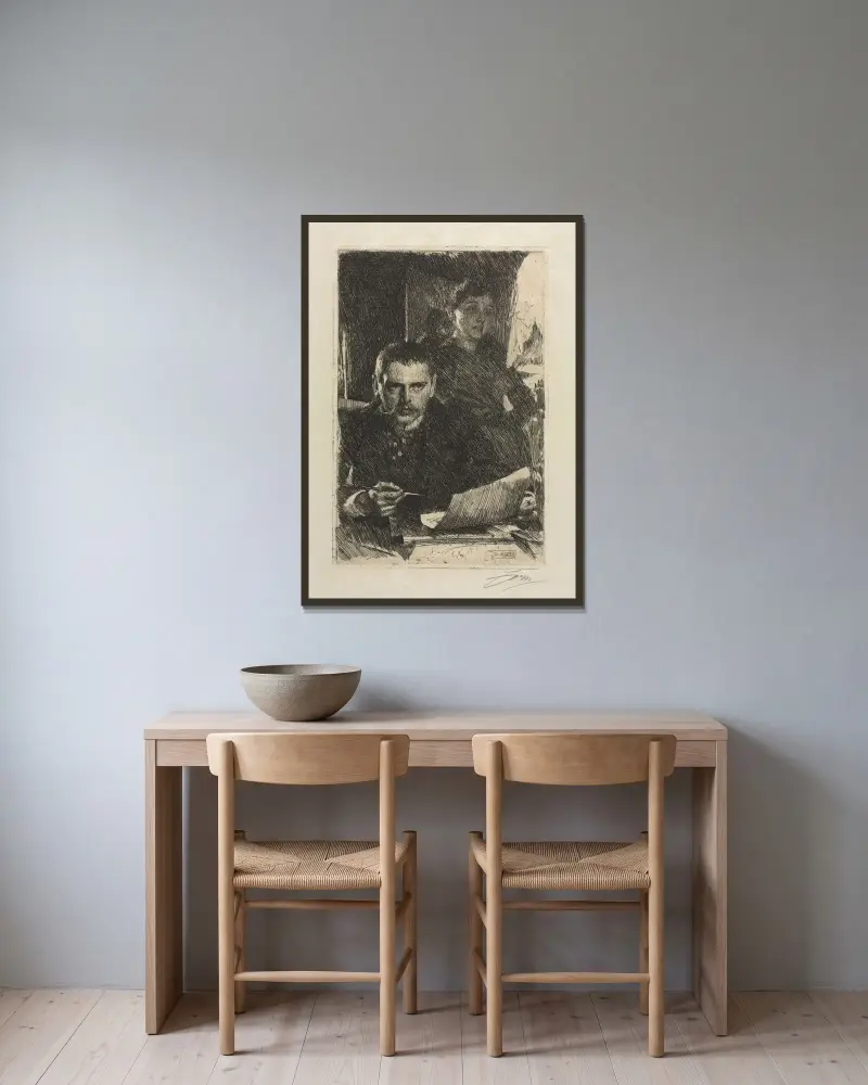 Konstnären och hans hustru av Anders Zorn inramad på en vägg