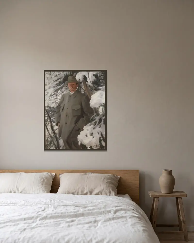 Målaren Bruno Liljefors av Anders Zorn inramad på en vägg