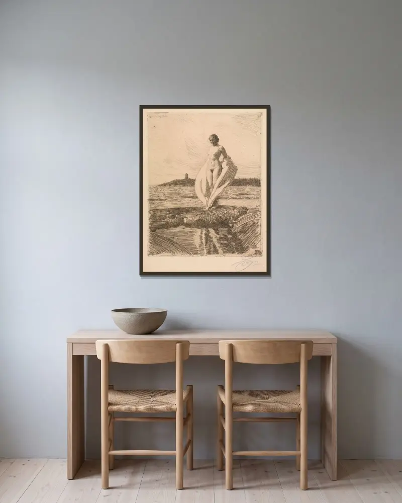 Svanen av Anders Zorn inramad på en vägg