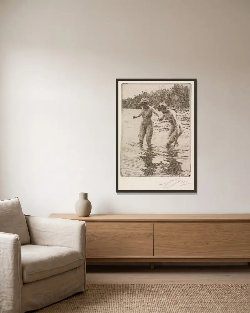 Två badande av Anders Zorn inramad på en vägg