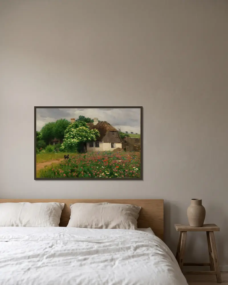 Farmhouse with meadow flowers av Hans Andersen Brendekilde inramad på en vägg