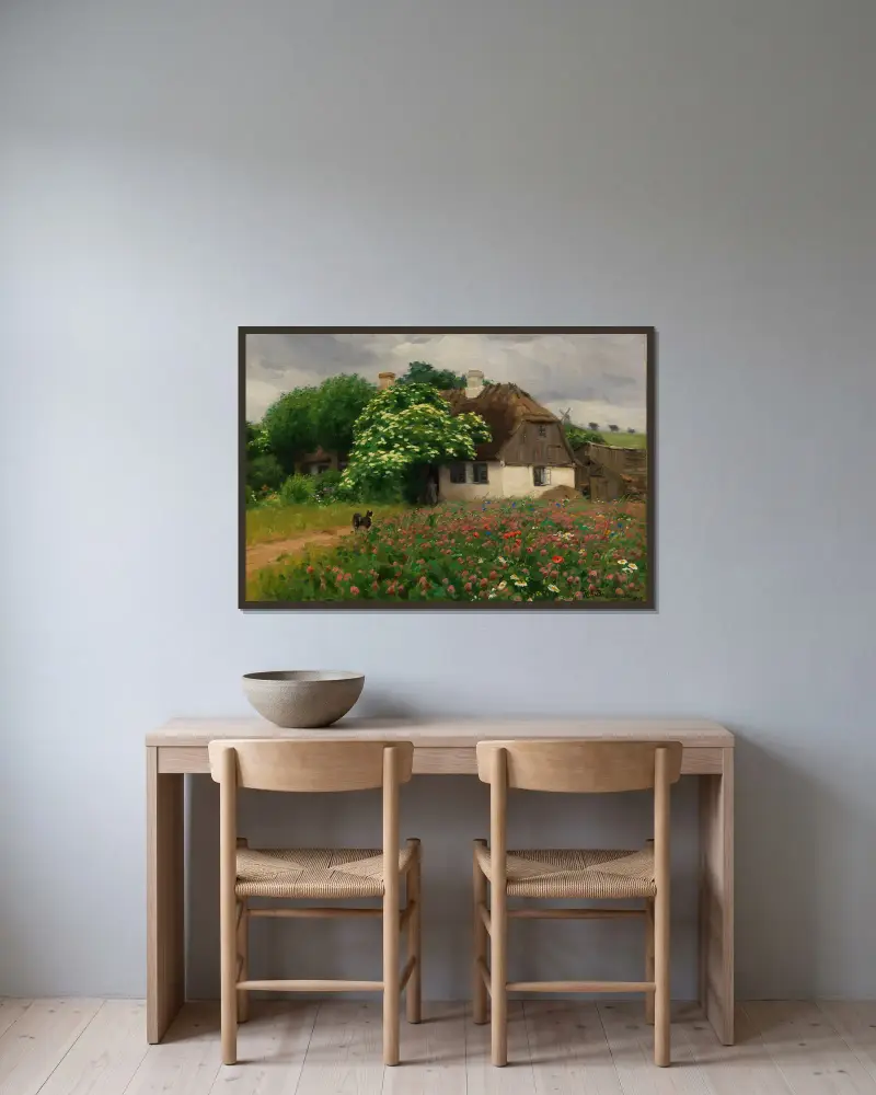 Farmhouse with meadow flowers av Hans Andersen Brendekilde inramad på en vägg