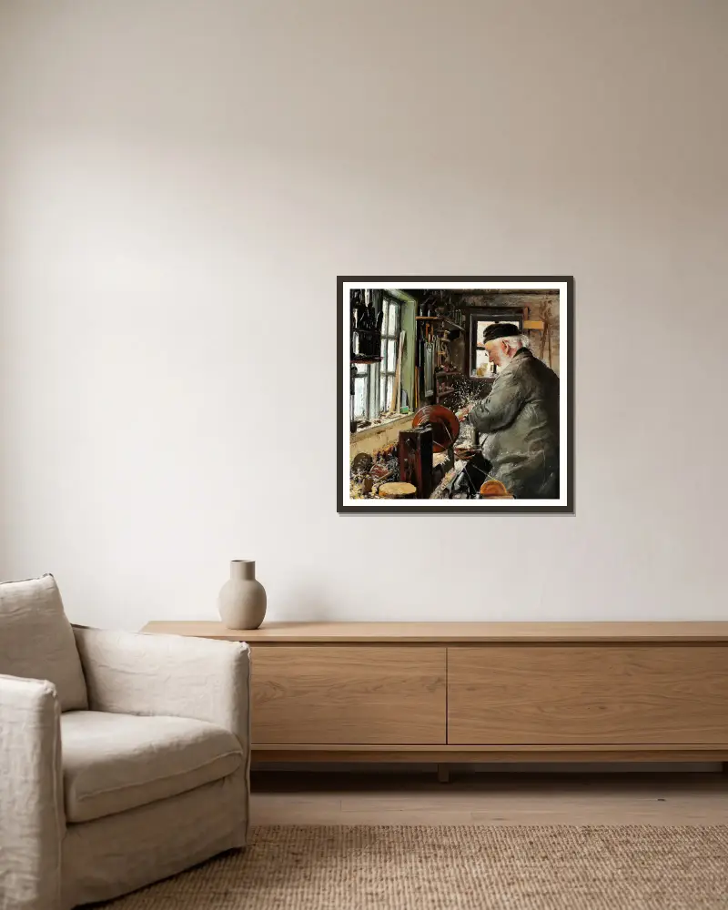 En Drejer ved sin Drejebænk av Laurits Andersen Ring inramad på en vägg