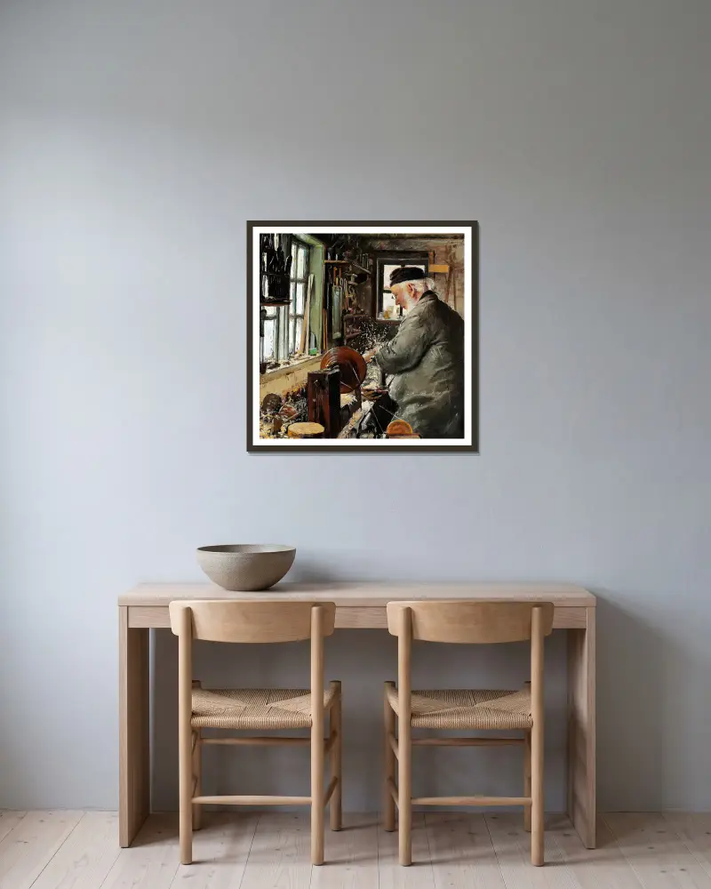 En Drejer ved sin Drejebænk av Laurits Andersen Ring inramad på en vägg