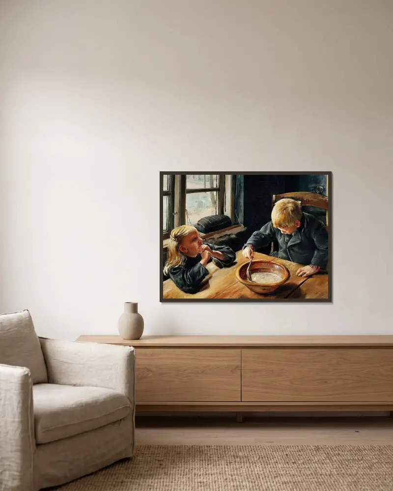 En pojke och en flicka vid middagsmåltiden av Laurits Andersen Ring inramad på en vägg