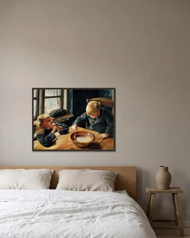 En pojke och en flicka vid middagsmåltiden av Laurits Andersen Ring inramad på en vägg