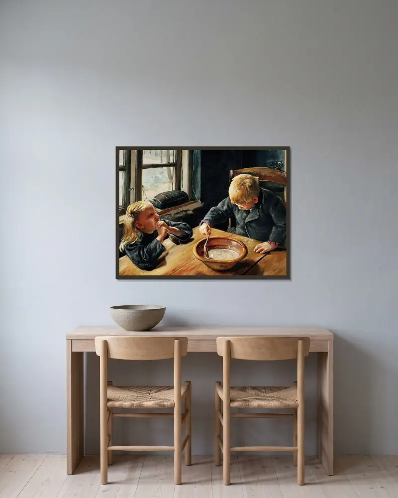 En pojke och en flicka vid middagsmåltiden av Laurits Andersen Ring inramad på en vägg