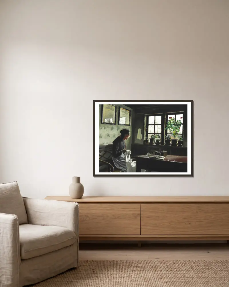 Wnętrze z szyjącą kobietą, Laurits Andersen Ring w ramie na ścianie