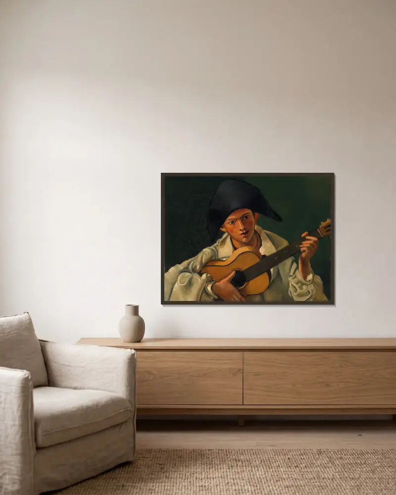 Buste d’arlequin à la guitare av André Derain inramad på en vägg