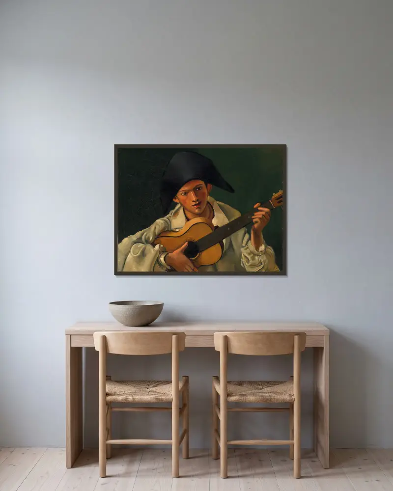 Buste d’arlequin à la guitare av André Derain inramad på en vägg