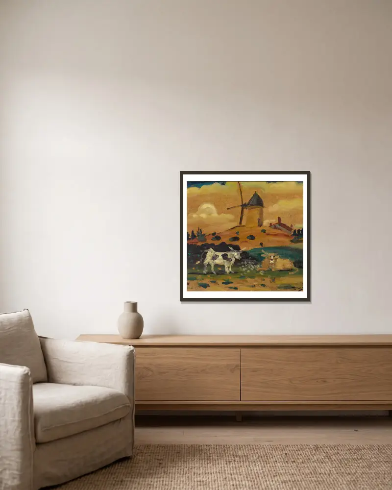 Moulin et deux vaches (Ile-de-France) av André Derain inramad på en vägg
