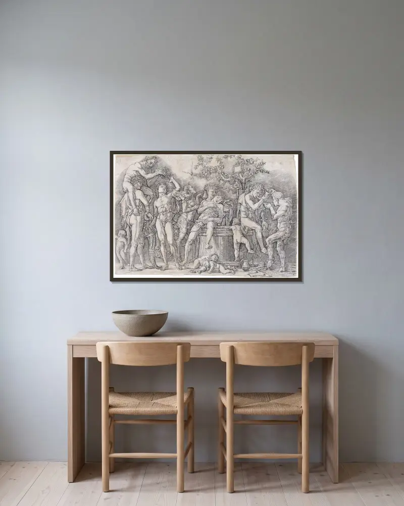 Backanal med vinkar, 1475 – nr 2 av Andrea Mantegna inramad på en vägg