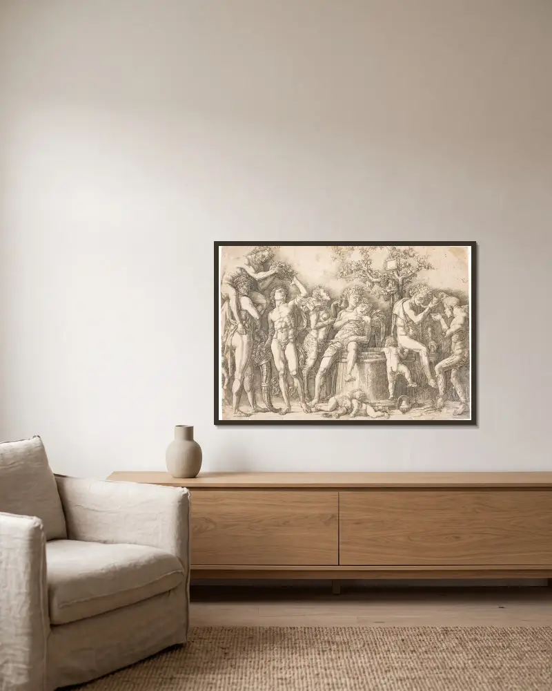 Bacchanal am Weinfass von Andrea Mantegna gerahmt an einer Wand