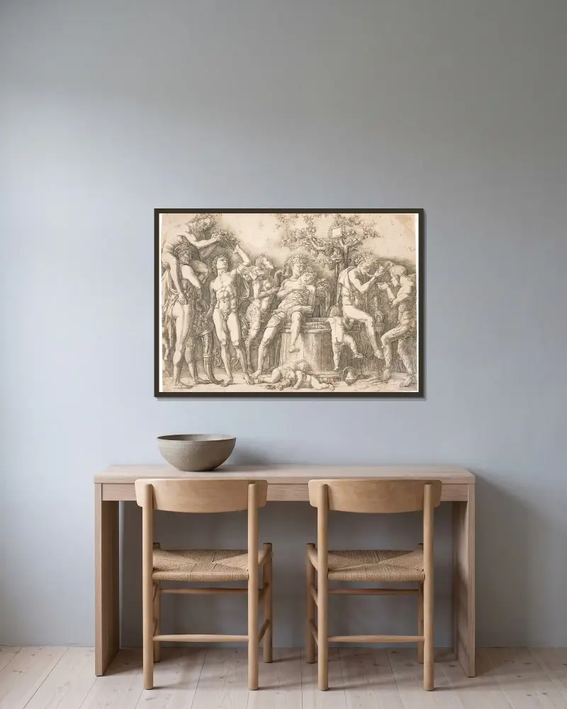 Bacchanal am Weinfass von Andrea Mantegna gerahmt an einer Wand