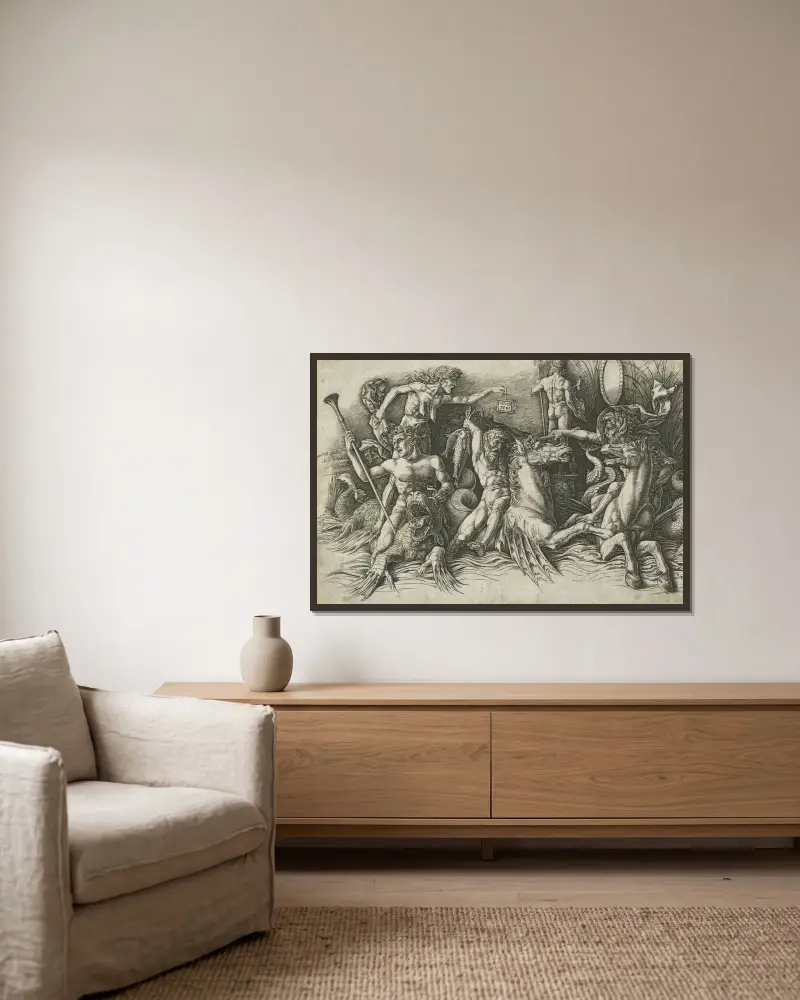 Havsgudarnas strid av Andrea Mantegna inramad på en vägg