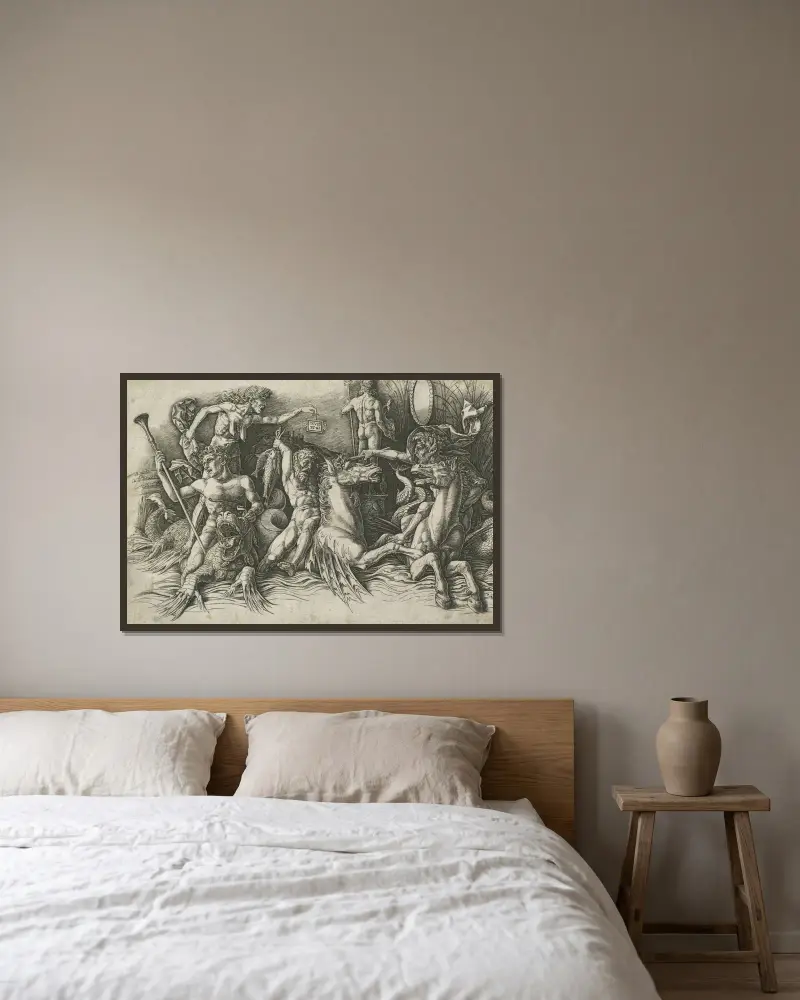 Havsgudarnas strid av Andrea Mantegna inramad på en vägg