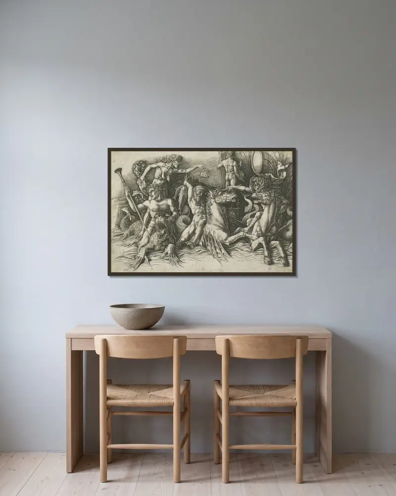 Havsgudarnas strid av Andrea Mantegna inramad på en vägg