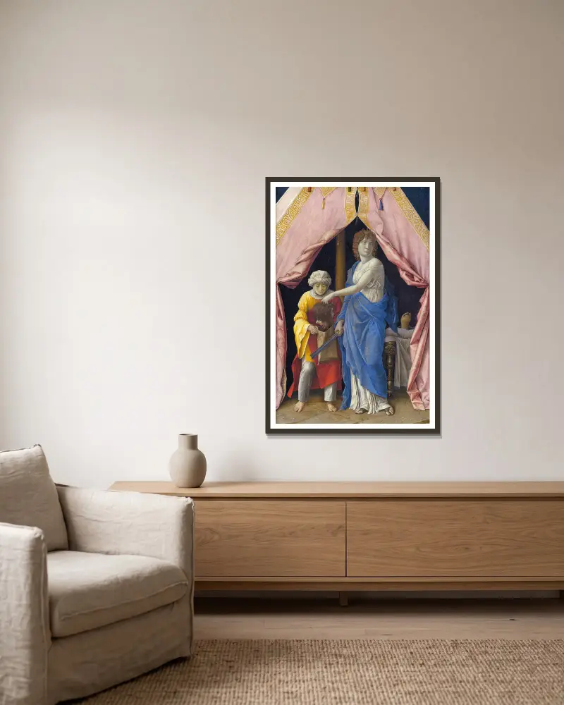 Judit med Holofernes huvud av Andrea Mantegna inramad på en vägg