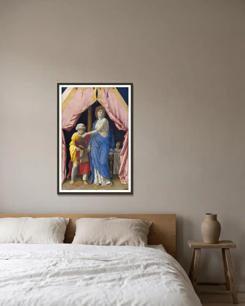 Judit med Holofernes huvud av Andrea Mantegna inramad på en vägg