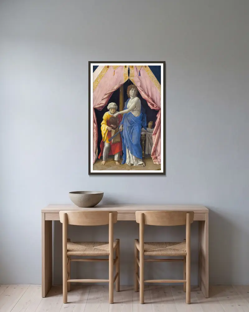 Judit med Holofernes huvud av Andrea Mantegna inramad på en vägg