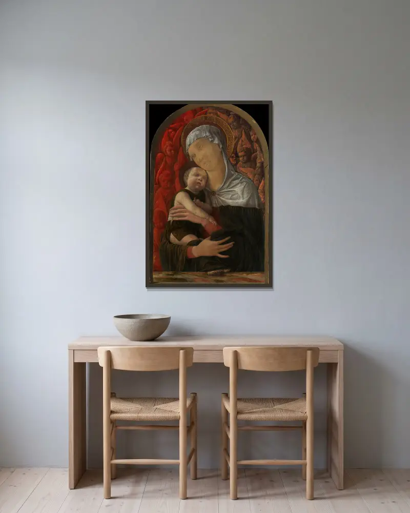 Madonna and Child with Seraphim and Cherubim av Andrea Mantegna inramad på en vägg