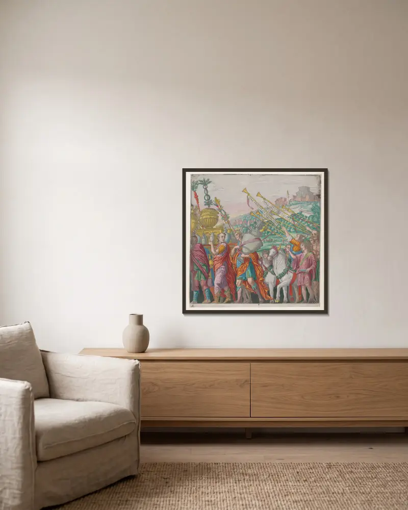 Männer, die Trophäen tragen, links, Trompeter rechts von Andrea Mantegna gerahmt an einer Wand