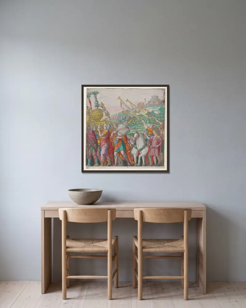 Männer, die Trophäen tragen, links, Trompeter rechts von Andrea Mantegna gerahmt an einer Wand