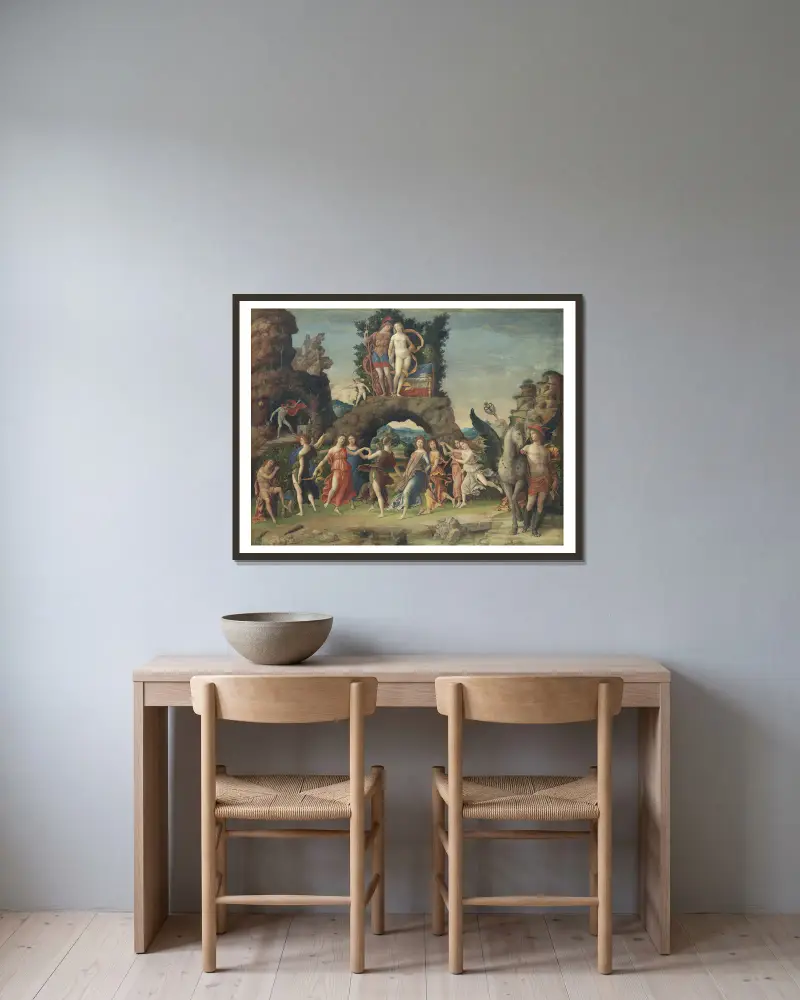 Parnassus av Andrea Mantegna inramad på en vägg