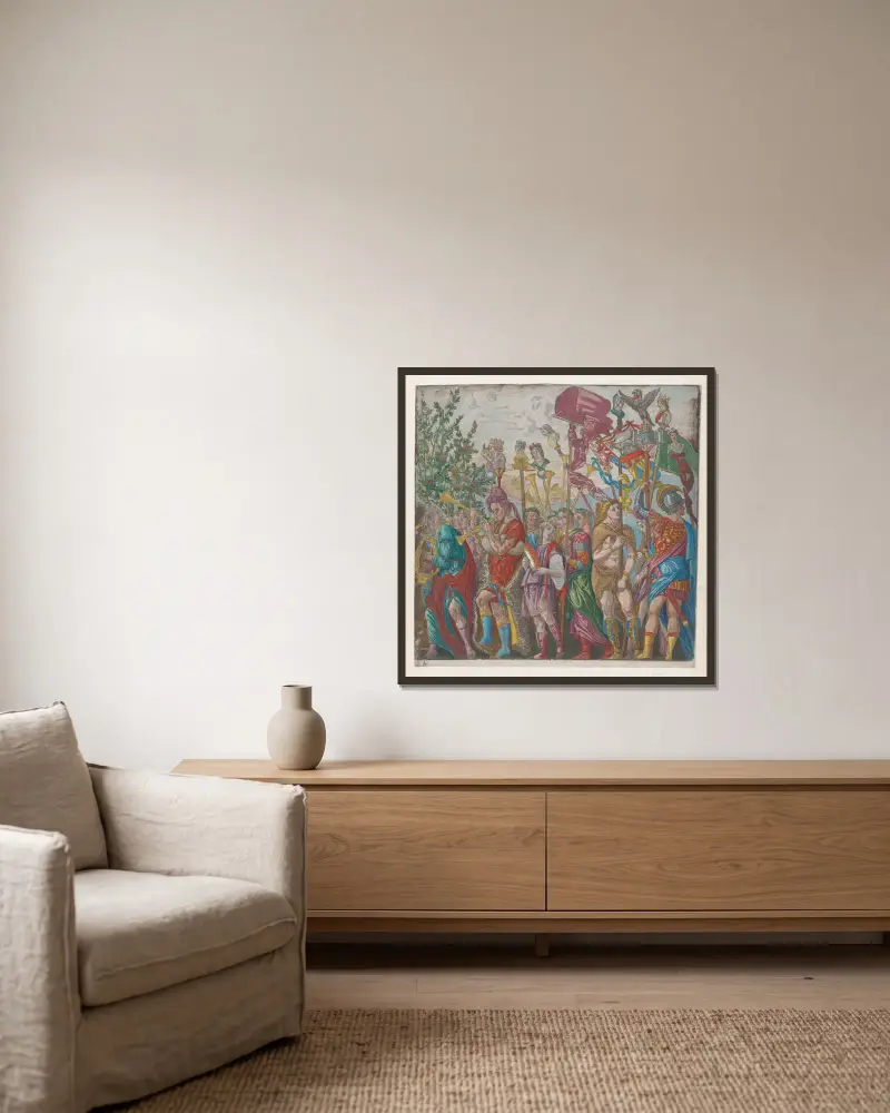 Prozession von Musikern und anderen mit Bannern von Andrea Mantegna gerahmt an einer Wand