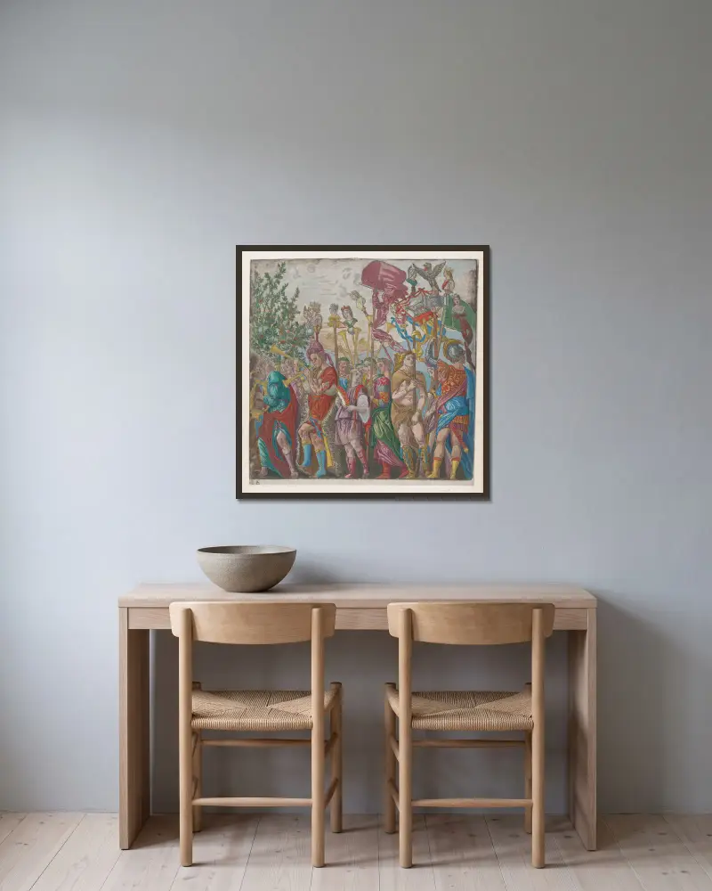 Prozession von Musikern und anderen mit Bannern von Andrea Mantegna gerahmt an einer Wand