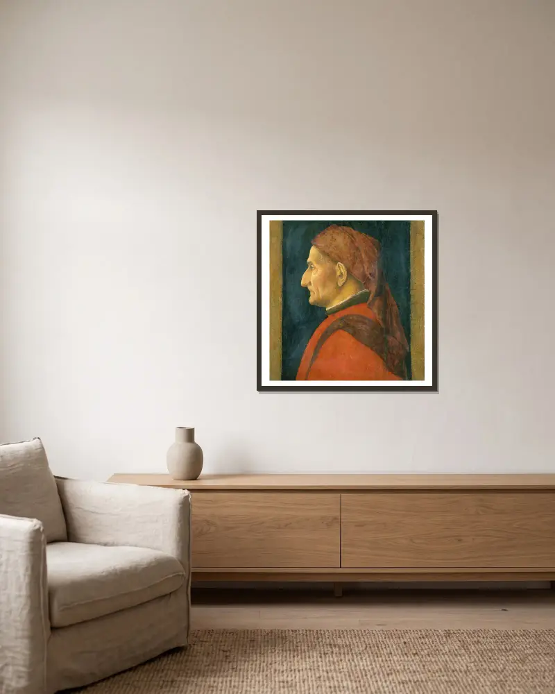 Profil av en man av Andrea Mantegna inramad på en vägg