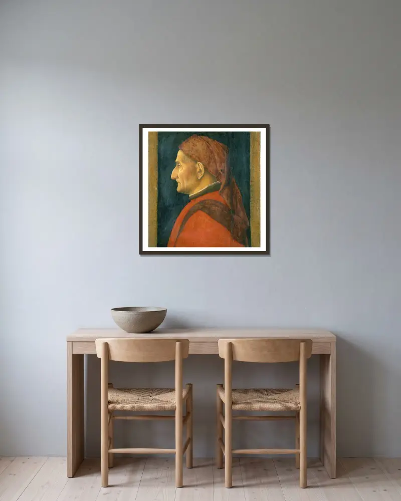 Profil av en man av Andrea Mantegna inramad på en vägg