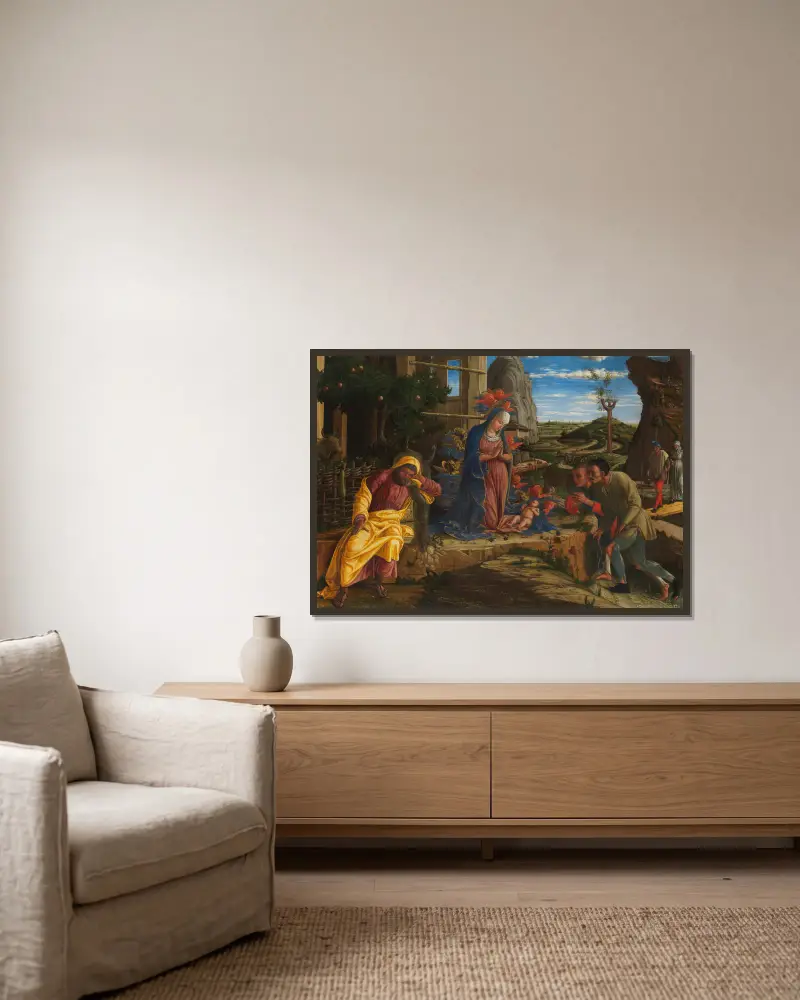 Die Anbetung der Hirten von Andrea Mantegna gerahmt an einer Wand