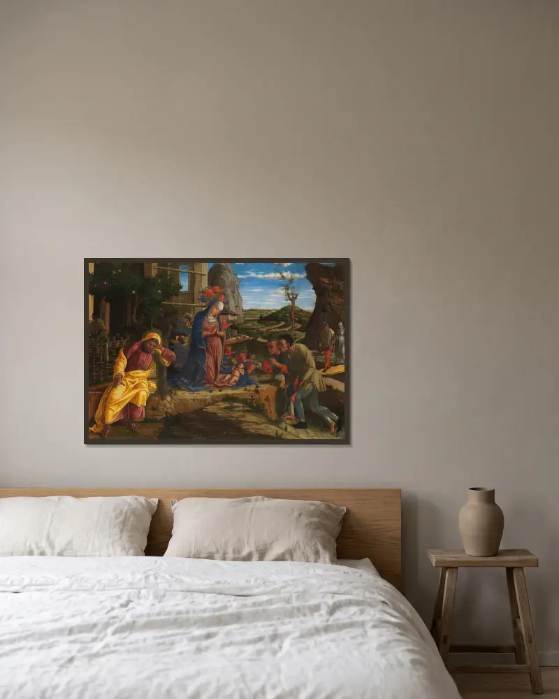 Die Anbetung der Hirten von Andrea Mantegna gerahmt an einer Wand