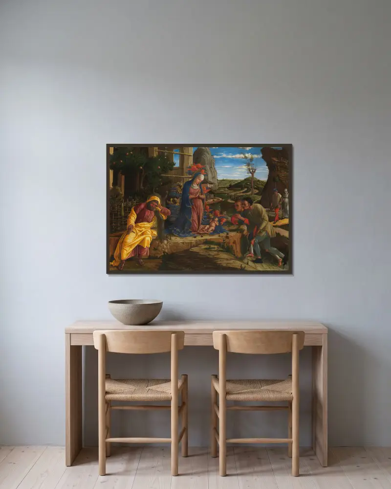 Die Anbetung der Hirten von Andrea Mantegna gerahmt an einer Wand