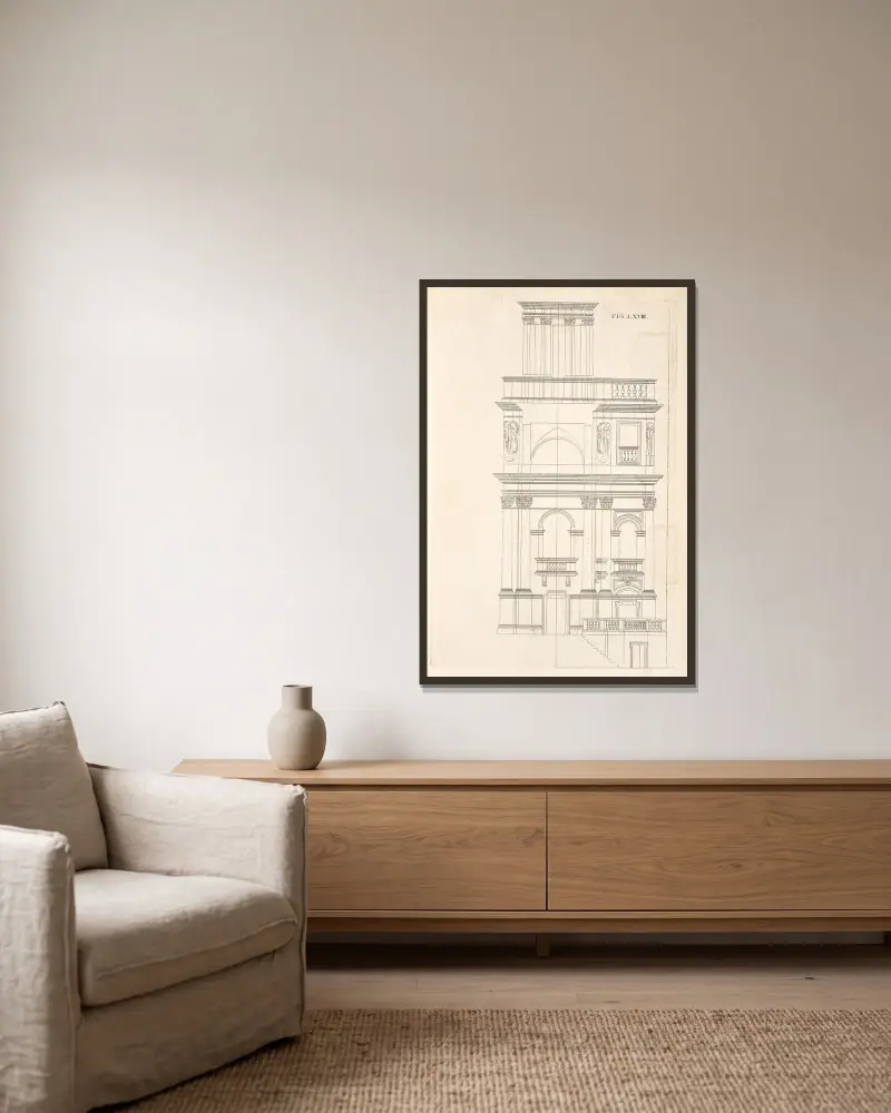 Die geometrische Erhebung des vorhergehenden Plans und zweite Vorbereitung zur einundsiebzigsten Figur von Andrea Pozzo gerahmt an einer Wand