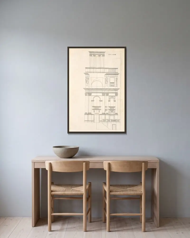 Die geometrische Erhebung des vorhergehenden Plans und zweite Vorbereitung zur einundsiebzigsten Figur von Andrea Pozzo gerahmt an einer Wand