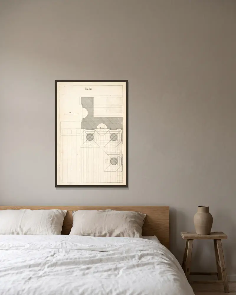 Der geometrische Plan eines Entwurfs, der dorischen Ordnung von Andrea Pozzo gerahmt an einer Wand