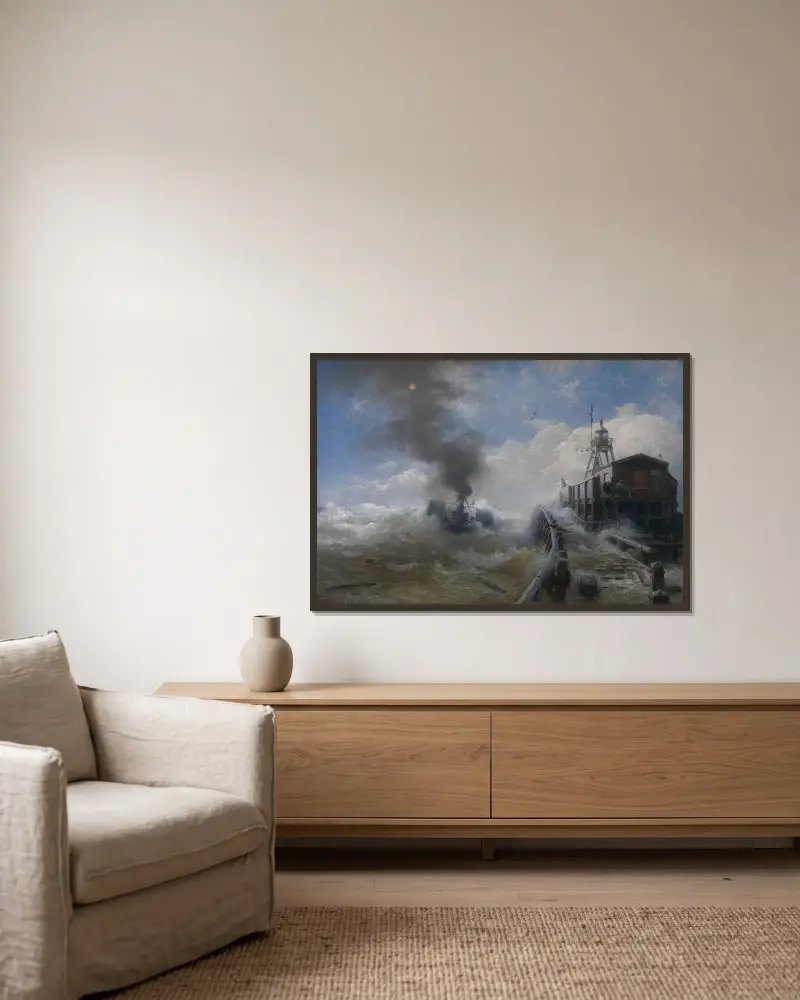 En bogserbåt lämnar hamnen i Oostende av Andreas Achenbach inramad på en vägg