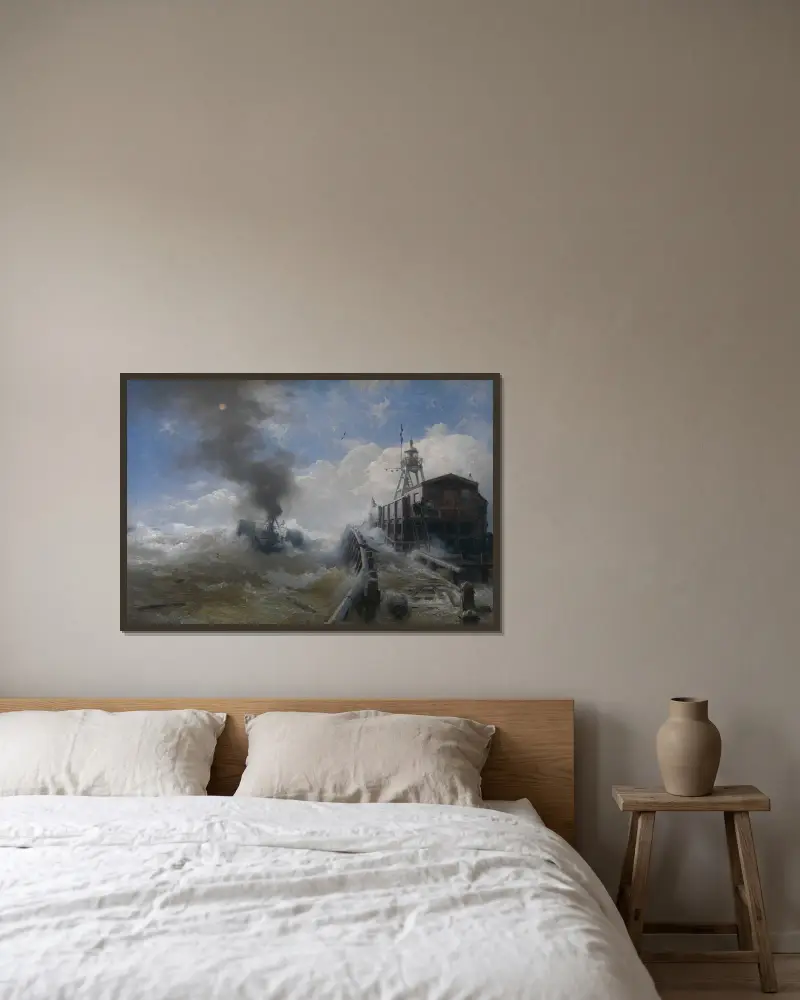En bogserbåt lämnar hamnen i Oostende av Andreas Achenbach inramad på en vägg