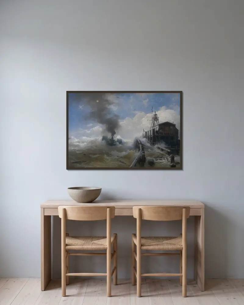 En bogserbåt lämnar hamnen i Oostende av Andreas Achenbach inramad på en vägg