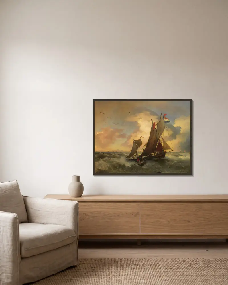 Auf stürmischer See von Andreas Achenbach gerahmt an einer Wand