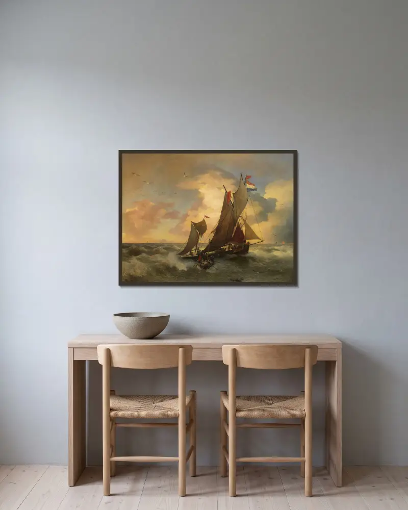 Auf stürmischer See von Andreas Achenbach gerahmt an einer Wand