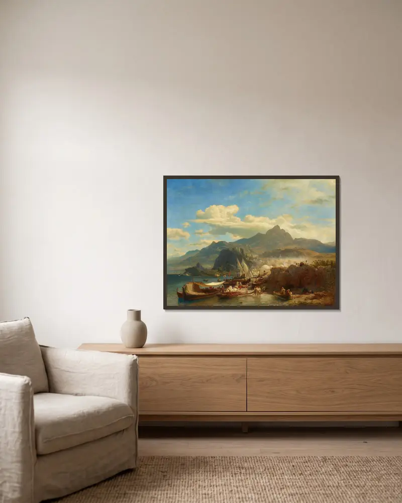 Livlig hamn vid den levantinska kusten av Andreas Achenbach inramad på en vägg